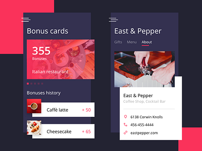 Bonus cards and about cafe page app cafe coctail coffee food icons mobile order restaurant ui