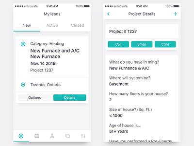 eRenovate PRO. My leads and project details. icons lead leads list mobile project renovate ui ux white