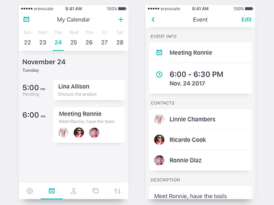 eRenovate PRO. My calendar and event info. calendar event list meet mobile project todo ui ux white