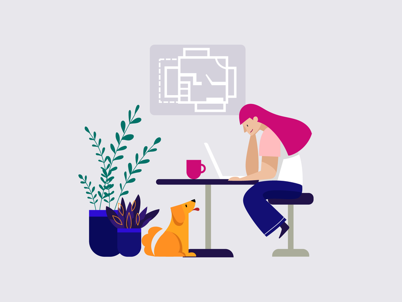 Bring your dog to work character coffee design develop dog dog illustration employee girl graphic design happy illustration office pet plant plants programmer programming woman work workspace