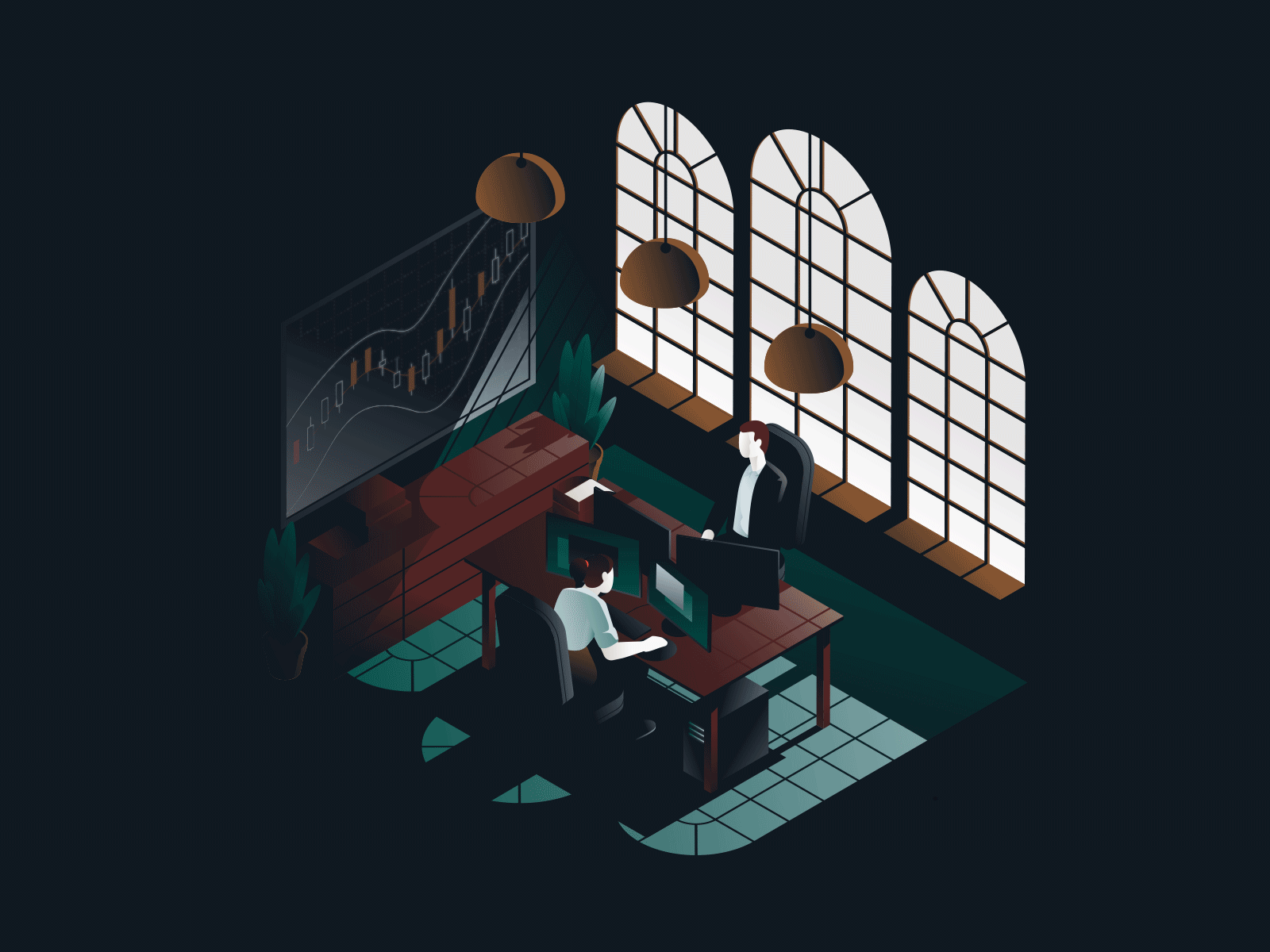 Ellix Isometric Office Illustration vol2 business dark desk fintech gradient hellsjells investing isometric light muted office official people screen technology window workers working