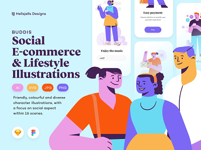 Buddis - Social E-commerce & Lifestyle Illustration Kit character characters clean colorful colors delivery diverse download ecommerce friendly illustration kit kit landing mobile social social media toolkit ui ui8 webshop