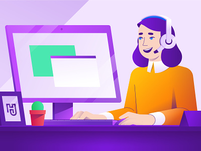 Customer Service Character Illustration animation character client client support colourful computer customer service desk explaining geometric happy headset microphone smiling social storyboard support talking woman working