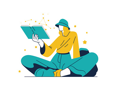 Complok Learning Platform Character Illustrations character character illustration constellation education explore explorer girl reading hellsjells hiker illustration knowledge learning learning platform illustrations light platform reading stars vector woman learning woman reading