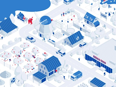 Rema1000 Isometric Map Illustration Closeup bikes charity csr editorial gray houses isometric light magazine map people roof street