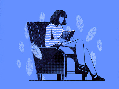 Relaxing woman character Illustration appillustration blue book chair character chilling girl halftone hellsjells lines monochrome nature reading relaxing sitting stroke texture woman