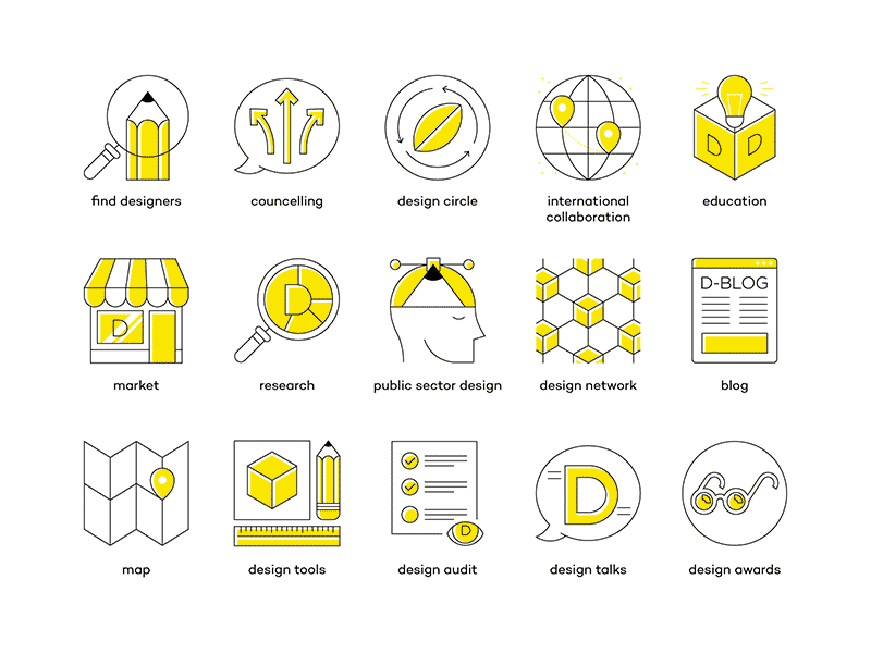 Icons for Estonian Design Center collaboration creative design design awards design thinking design tools hellsjells icon icons illustration map market minimal monoline network offset public sector research stroke yellow