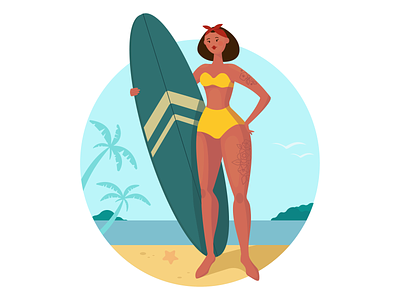 Vacation girl app blue bright girl holiday illustration sand sea sky summer surf surfing ui ux vacation vector water woman