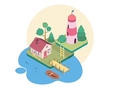 Sea pastoral app blue boat color design fish game house illustration isometry lighthouse sea seaside tree ui ux vector view visual