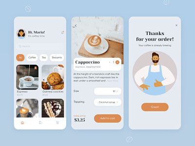 Coffee Shop app barista blue branding cappuccino coffee design icon illustration mobile orange shop typography ui ux vector