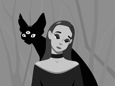 In the woods app black cat dark design forest girl goth gothic horror illustration love monochrome portrait shadow sphinx ui ux vector woman
