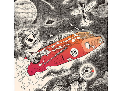The Wild Whip blackwork bw car dotwork illustration illustrator photoshop pointillism space stars surrealism turtle