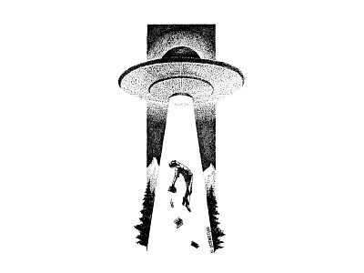 Abducted alien bw dotwork et illustration pointillism ufo