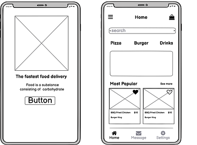 Wireframes of a food ordering app