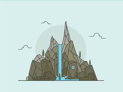 Mountain icon illustrator landscape line mountain trees vector waterfall