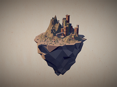 Floating city 3d c4d city island lowpoly mountains