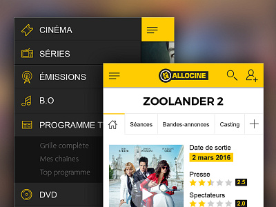 Movie & TV show app concept burger menu icons mobile app movie tabs tv show yellow