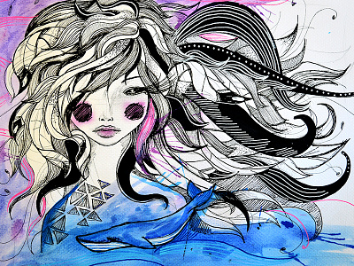En una chica, un mar drawing fish girl linear illustration lines ocean pencil sea watercolors waves whale woman