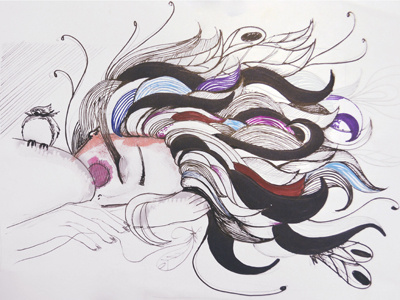 Pajaro Enroscado baby bird curves drawings feathers fibers fly illustration lines vectors watercolor woman