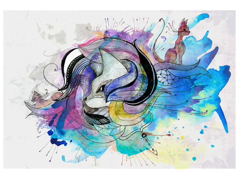 Gatos en su tinta photoshop drawing illustration geometric figures stained watercolors feline