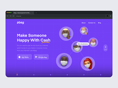 Abeg Website Homepage abeg abeg app app cash design fintech icon invite memoji nigeria p2p purple typography ui ux web website