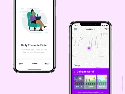 Workbus app asap cleanmock ios iphone x map onboarding purple ui ux workbus