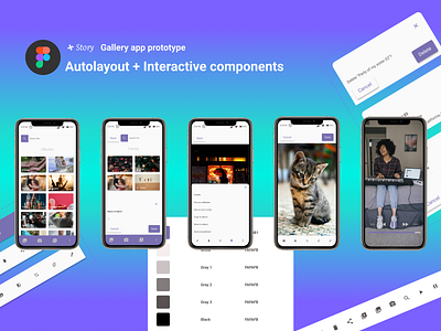 Story: Gallery app prototype in Figma (high fidelity) animation app autoloyout color design figma gallery gradient graphic design hi fi interactivecomponents interface photo purple responsive ui ux video wireframe