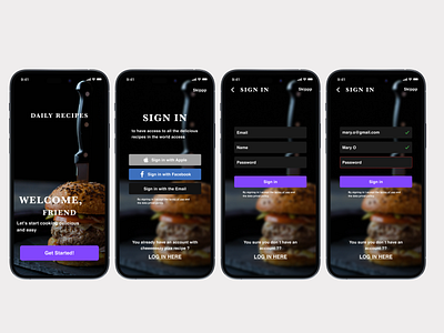 Recipe app app design interface registration ui ux