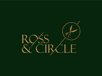 Scissors + Circle + R + C barbershop branding circle dark green gold green logo scissors