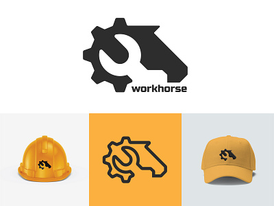 Workhorse logo branding build construction design gear graphic design hardhat horse icon illustration logo strong vector work wrench yellow