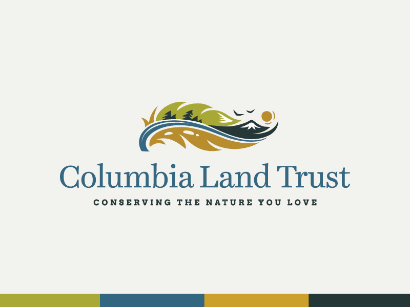 Columbia Land Trust trees birds hills mountain landscape rugged outdoors sustainable environment illustration logo typography branding
