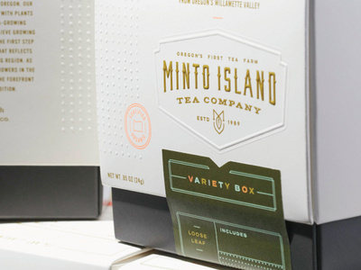 Minto Island Tea Packaging agriculture badge beverage box branding dieline food label logo minto oregon packaging tea typography