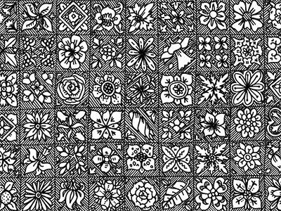 floral tiles black and white drawing flowers illustration pattern pen plants