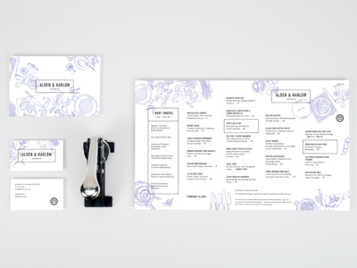 Alden & Harlow logo branding identity restaurant bar menu business card postcard