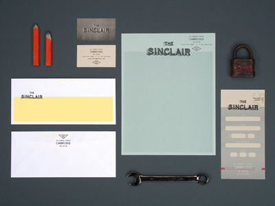 The Sinclair logo branding identity restaurant bar club music venue stationary envelope gift certificate business card letterhead