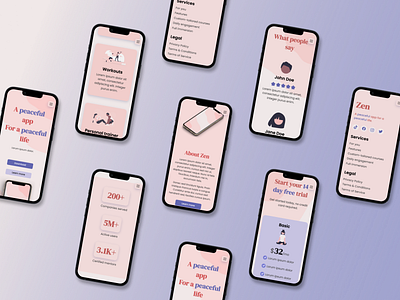 Zen ~ phones about page beauty css design features page figma html iphone landing page mockup pink testimonial page ui website wellness zen