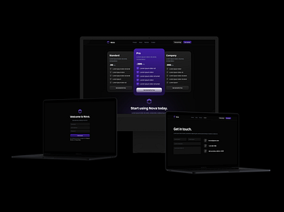 Nova ~ Desktop contact dark mode glowy gradients pricing purple shadows sign up page software technology website