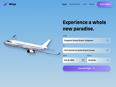 Wings airplane blue book a flight design destination figma flying gradient landing page pilcrow rounded travel ui