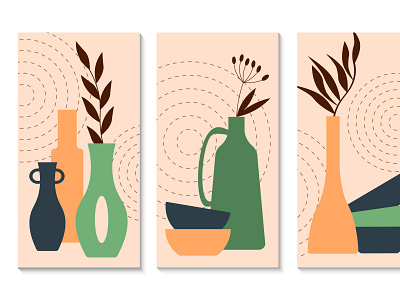 Set of templates with ceramic vases, bowls and plants.