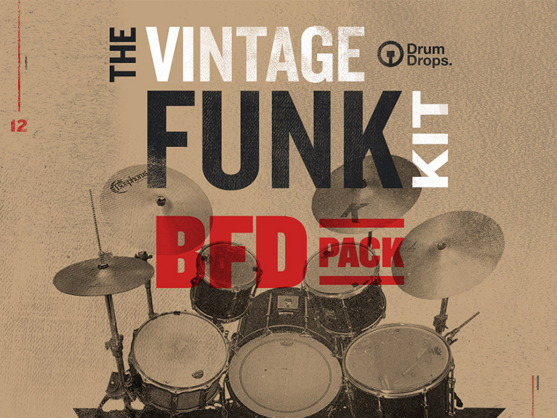 The Vintage Funk Kit promo email red knockout overlay multiply drums worn