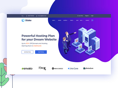 Slake Isometric Domain Hosting Website Concept #2 agency creative dedicated hosting domain registration hosting illustration isometric illustration landing page server shared hosting startup technology ui ux vector whmcs bridge