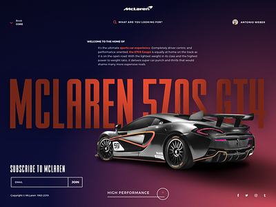 McLaren 570S GT4 branding car colors creative freelancer gradient illustration ios landing mclaren minimal parallax photographer portfolio site slide theme theme page ui web