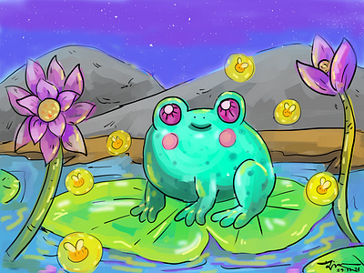 Cute frog and her firefly friends...