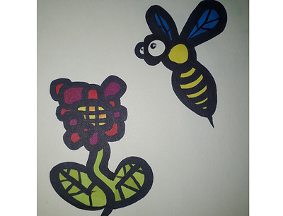 Bloem en bij bee character design flower freehand drawing