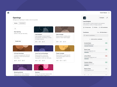Hireproof Job Openings candidats card clean dark details icons illustration info inter interface light list opening panel plattform progress sidebar significa web app webdesign