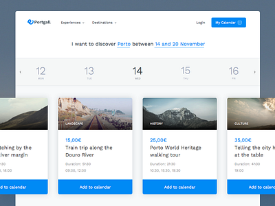 Experiences search result calendar cards design experience porto schedule search tourism travel ui ux website