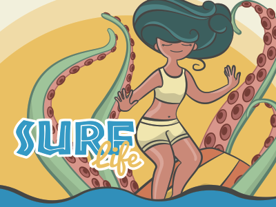 Surf Life beach girl octopus sea surf yellow