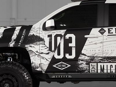 Michigan outdoor themed Truck - Shot 3 art direction branding camping chevy colorado design drawing full circle grand rapids graphic design great lakes hand drawn illustration michigan outdoors state parks truck truck wrap typography vehicle
