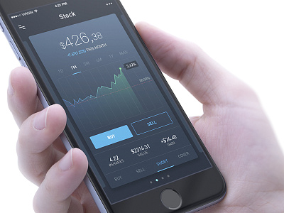 The stock market data app blue card charts clean curve data hand money phone stock