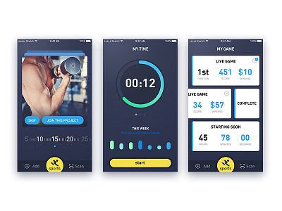 sports app UI app blue card clean green ranking ring sports three ui yellow